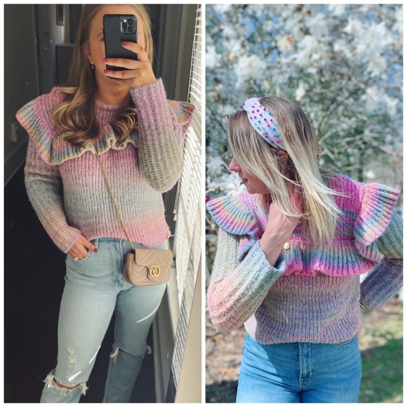 LoveShackFancy Sweaters - LoveShackFancy Yumi Ruffle Knit Pullover Sweater in Rainbow Pink Purple XS